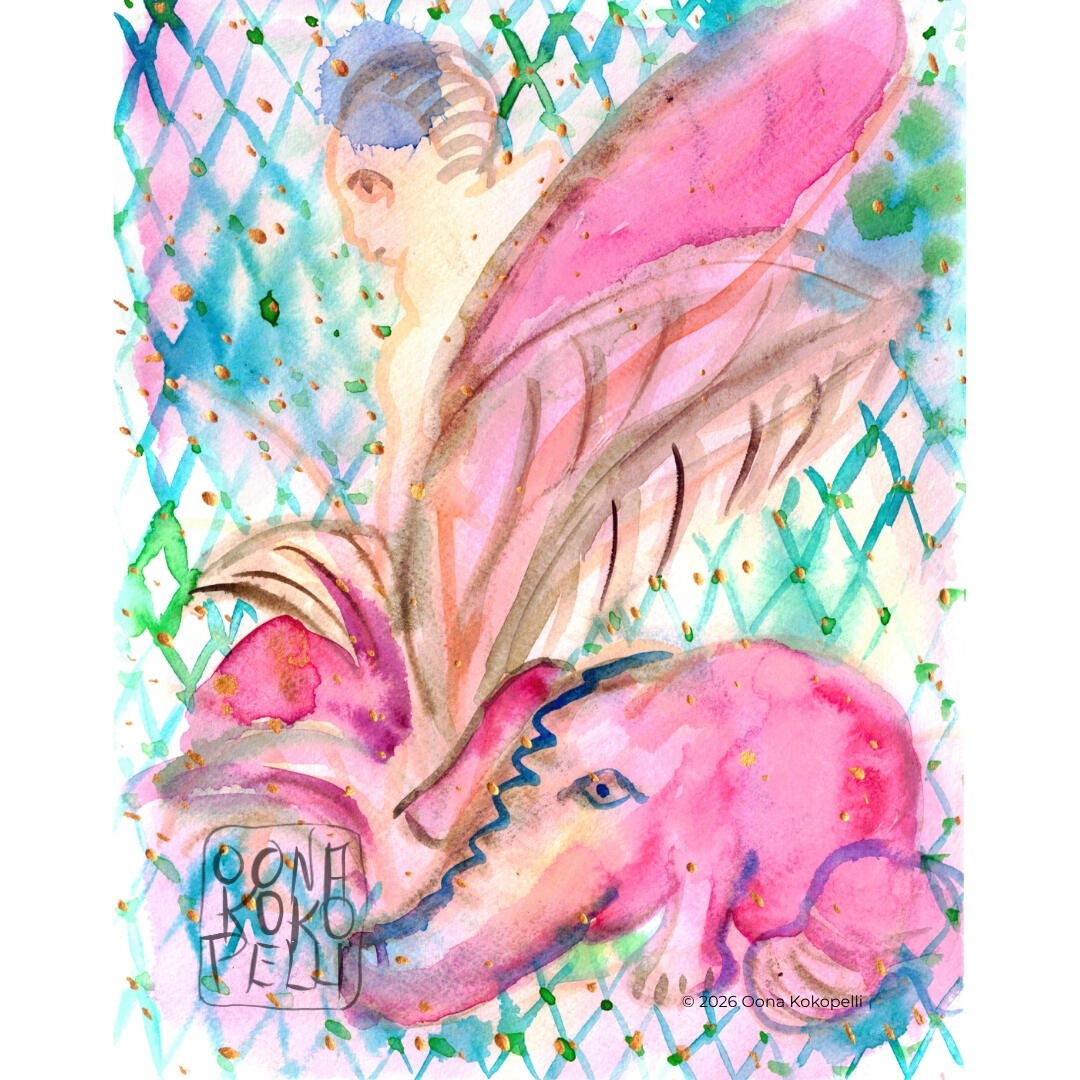 Watch the complete watercolor painting process in real-time — a magical pink creature with tusks emerges, alongside an elf whispers to the plants. Pure surreal magic in watercolor. "She Speaks to Plants" is part of my Rituals of Light watercolor series — p