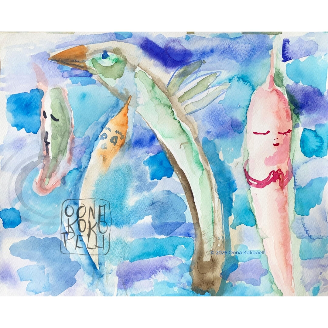 I paint from leaves. Three figures. One sky. Pure blue. "Curved Space" is part of my Rituals of Light watercolor series — painted spontaneously at the water's edge, using eucalyptus leaves to explore perspective, geometry, and the bending of space through