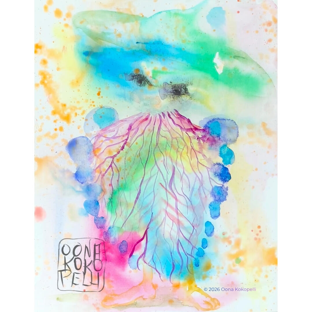 I paint. He watches. Two deep eyes. A golden cloak threaded with veins. A hat — or is it a face? He emerged from nothing but color and water.